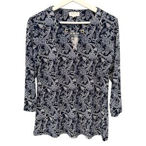 Magnolia Grace Paisley Top Navy Blue White Stretch Blouse Size S